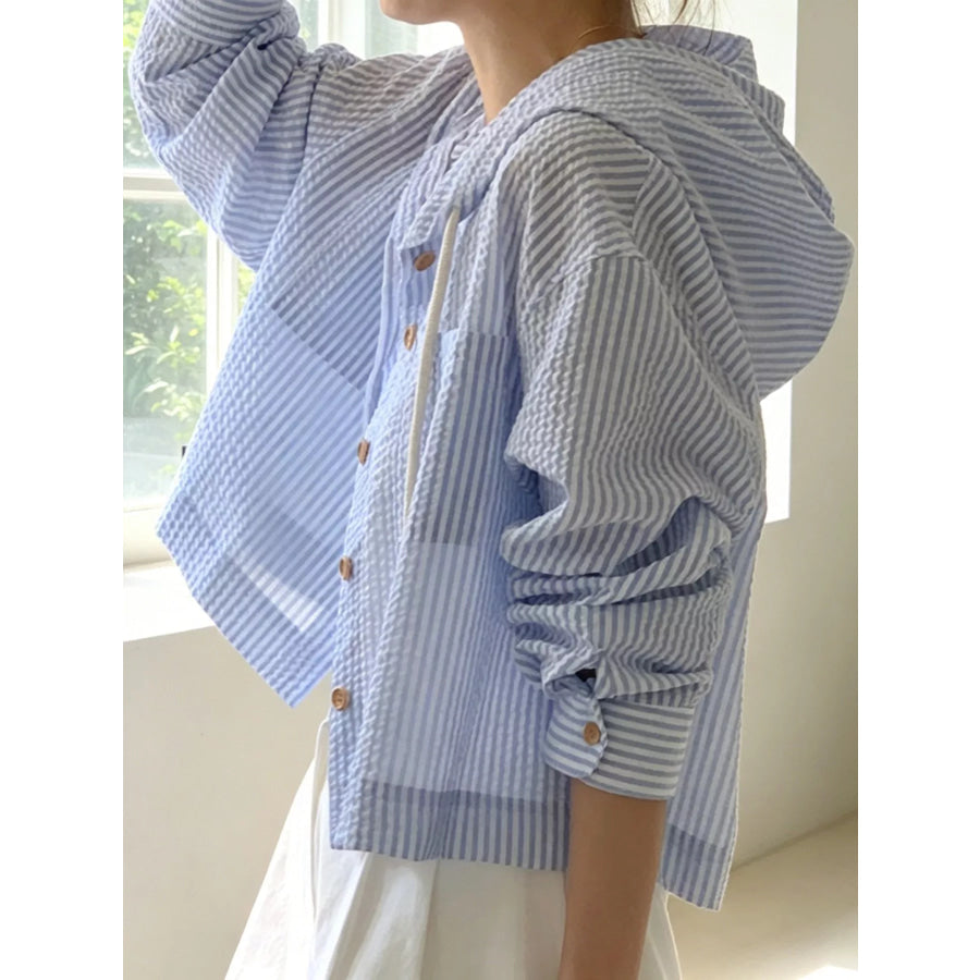 Striped Hooded Shirt with Drawstring Detail Apparel and Accessories