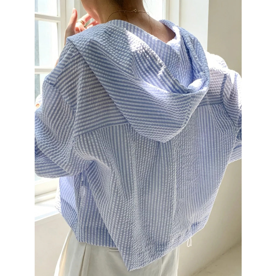 Striped Hooded Shirt with Drawstring Detail Apparel and Accessories