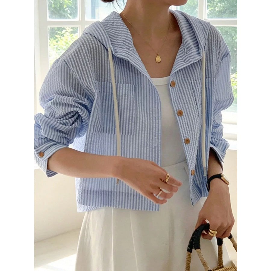 Striped Hooded Shirt with Drawstring Detail Blue / S Apparel and Accessories