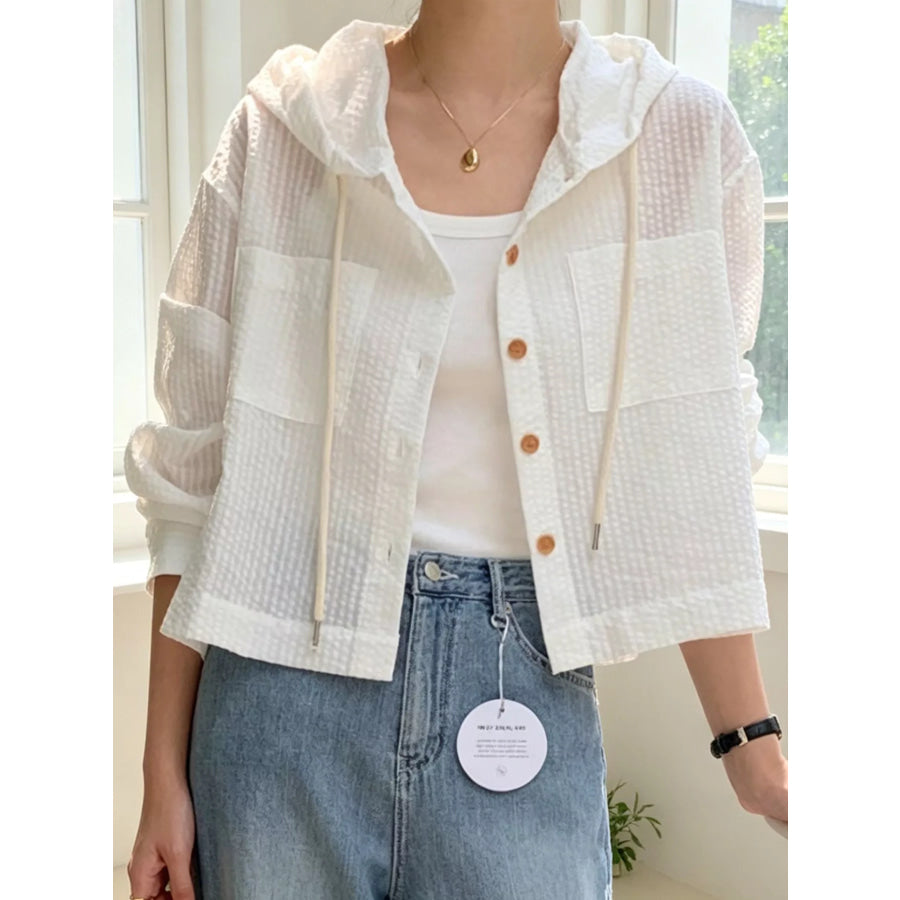 Striped Hooded Shirt with Drawstring Detail White / S Apparel and Accessories
