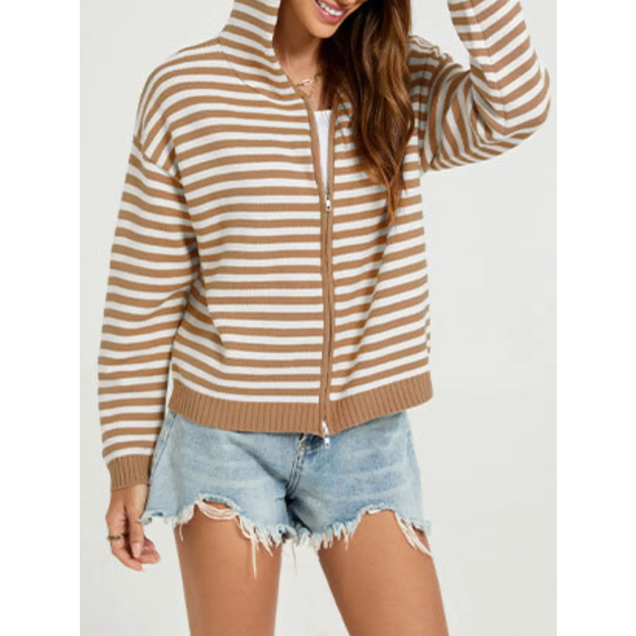Striped Hooded Zip-Up Knit Cardigan Apparel and Accessories