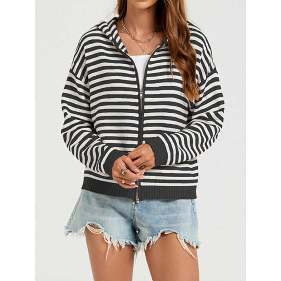 Striped Hooded Zip-Up Knit Cardigan Apparel and Accessories