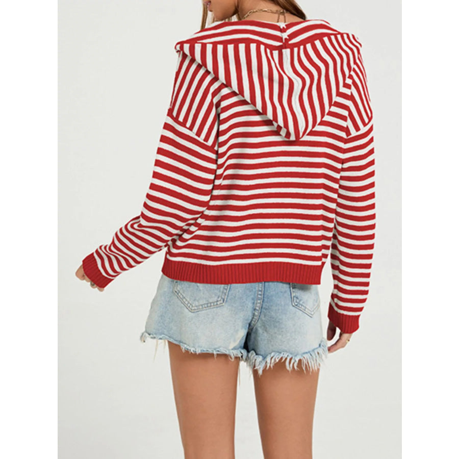 Striped Hooded Zip-Up Knit Cardigan Apparel and Accessories