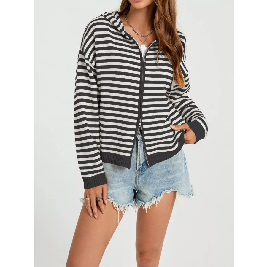 Striped Hooded Zip-Up Knit Cardigan Black / S Apparel and Accessories