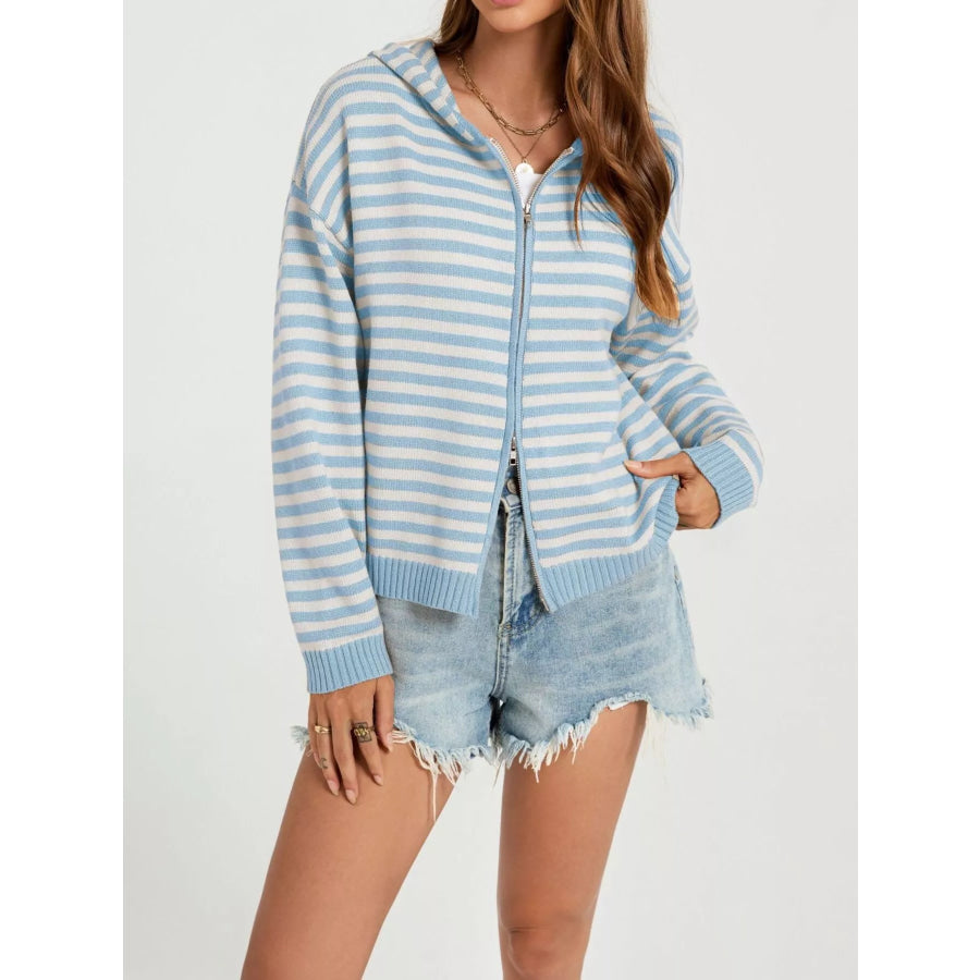 Striped Hooded Zip-Up Knit Cardigan Blue / S Apparel and Accessories