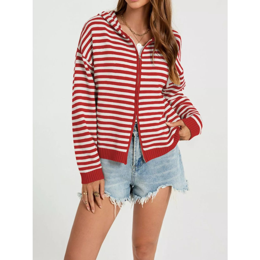 Striped Hooded Zip-Up Knit Cardigan Red / S Apparel and Accessories