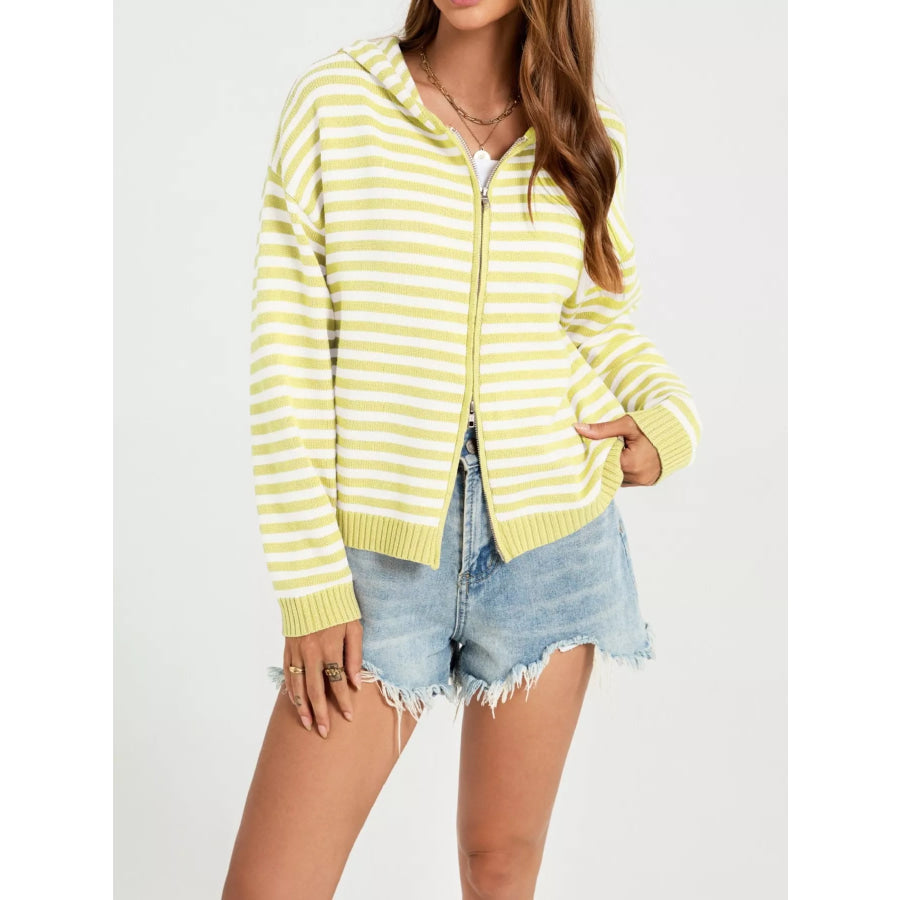 Striped Hooded Zip-Up Knit Cardigan Yellow / S Apparel and Accessories