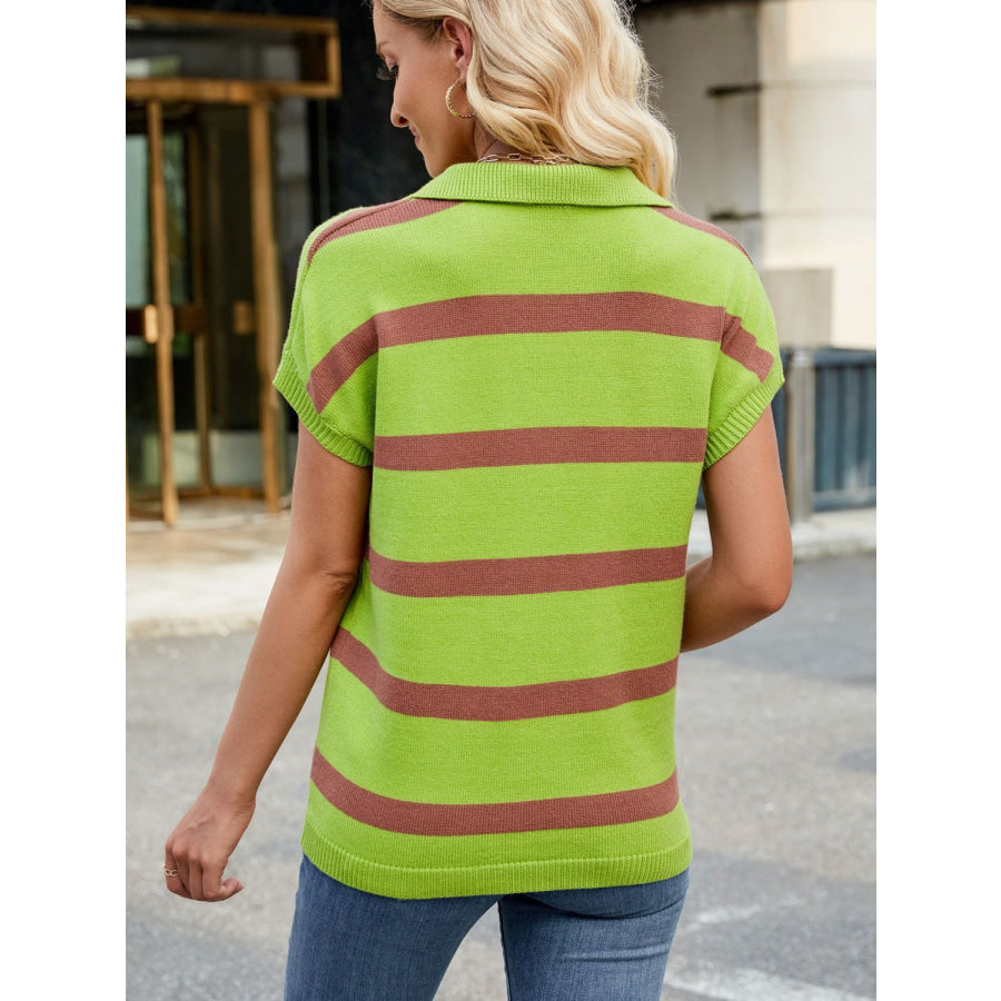 Striped Johnny Collar Cap Sleeve Sweater Apparel and Accessories