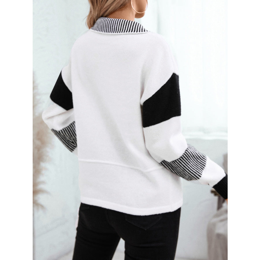 Striped Johnny Collar Drop Shoulder Sweater Apparel and Accessories