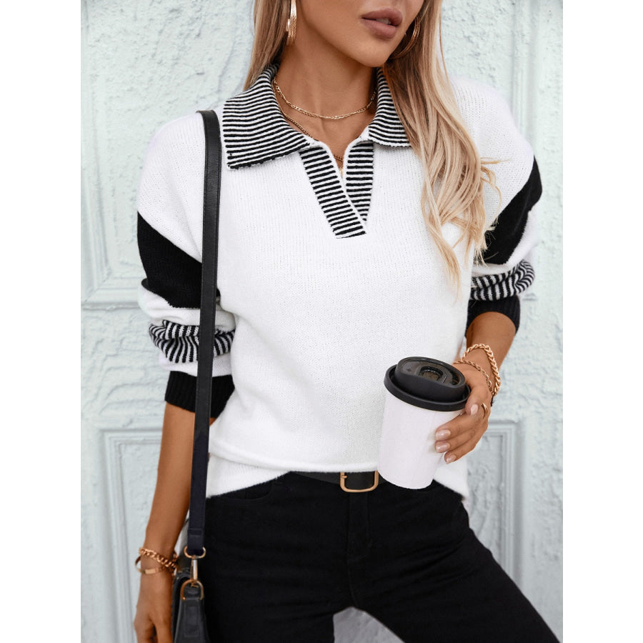 Striped Johnny Collar Drop Shoulder Sweater Apparel and Accessories