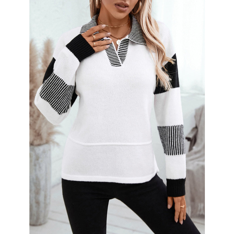 Striped Johnny Collar Drop Shoulder Sweater Apparel and Accessories