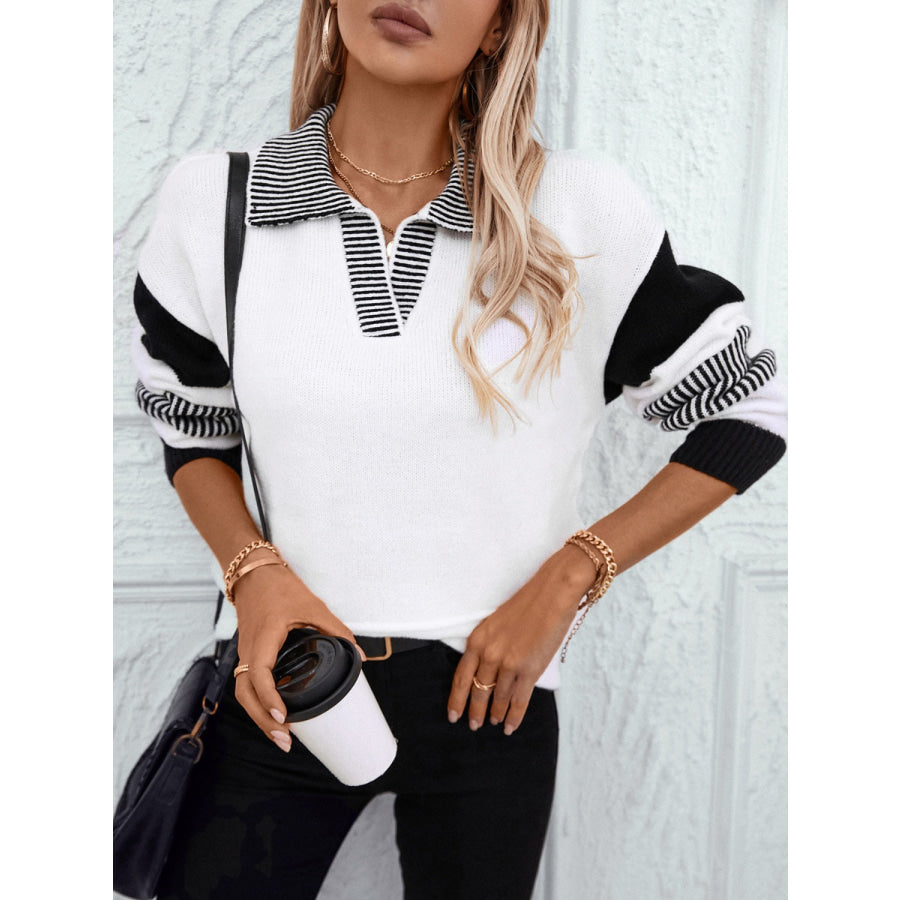 Striped Johnny Collar Drop Shoulder Sweater Apparel and Accessories