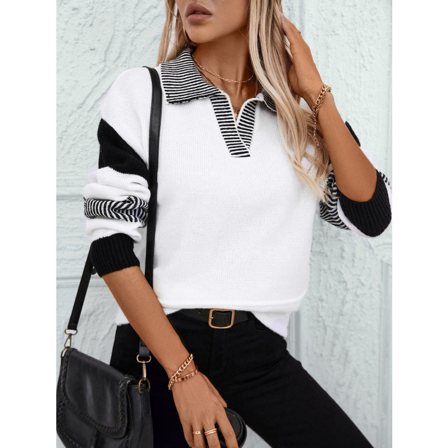 Striped Johnny Collar Drop Shoulder Sweater Apparel and Accessories