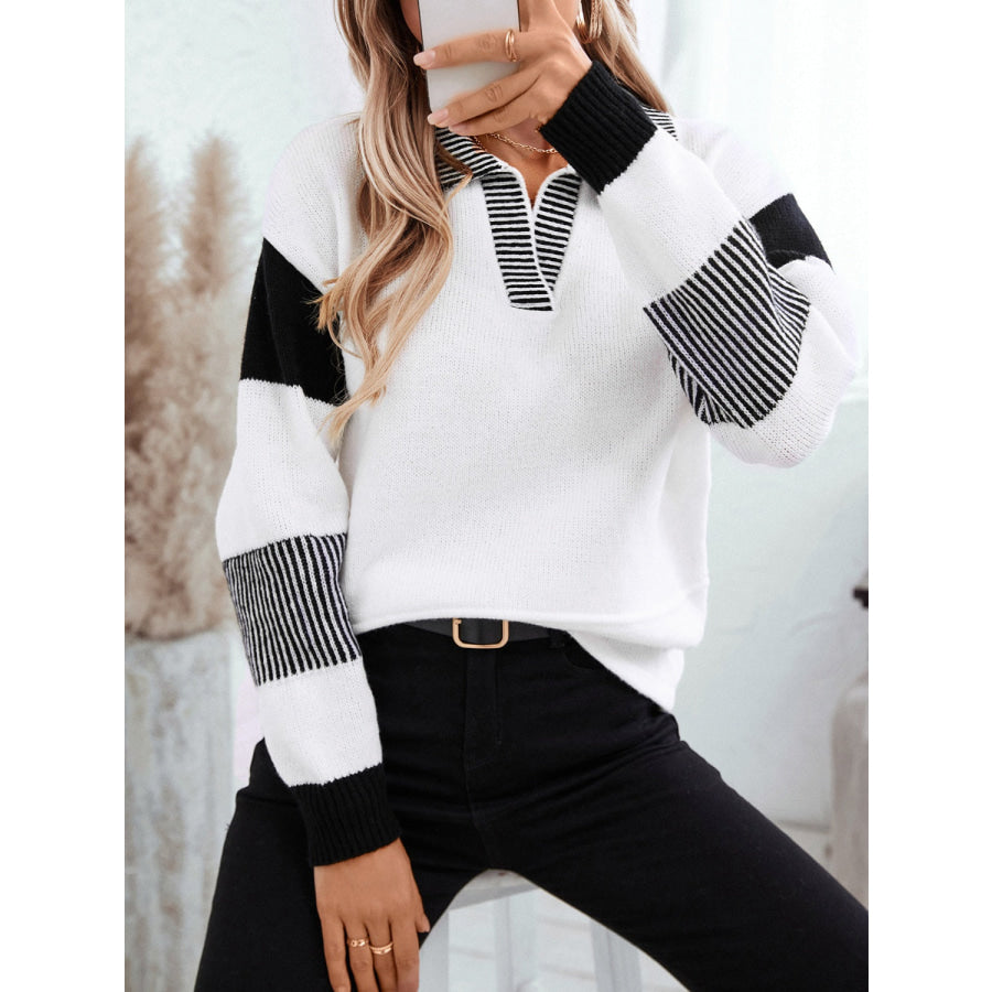 Striped Johnny Collar Drop Shoulder Sweater Apparel and Accessories