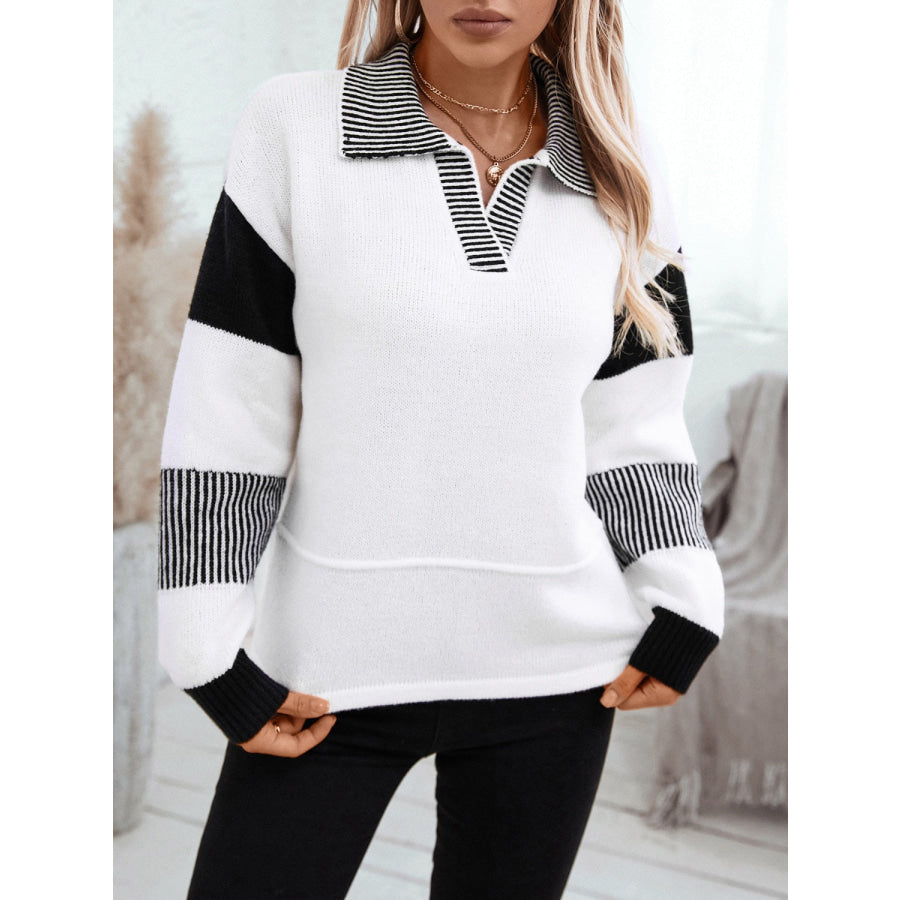 Striped Johnny Collar Drop Shoulder Sweater White / S Apparel and Accessories