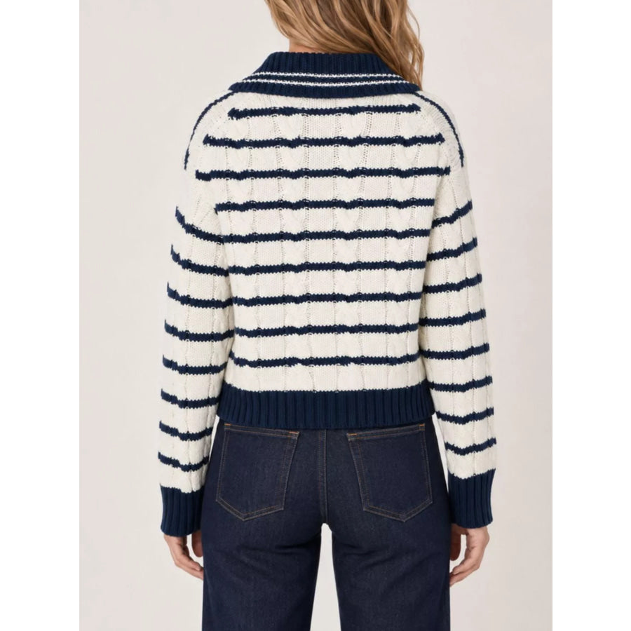 Striped Johnny Collar Dropped Shoulder Sweater Apparel and Accessories