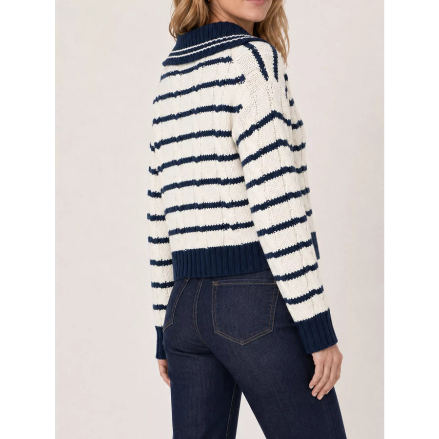 Striped Johnny Collar Dropped Shoulder Sweater Apparel and Accessories