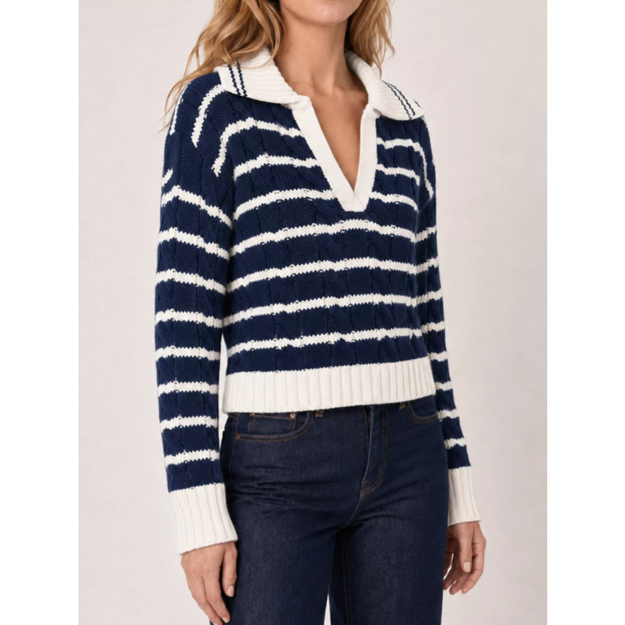 Striped Johnny Collar Dropped Shoulder Sweater Apparel and Accessories