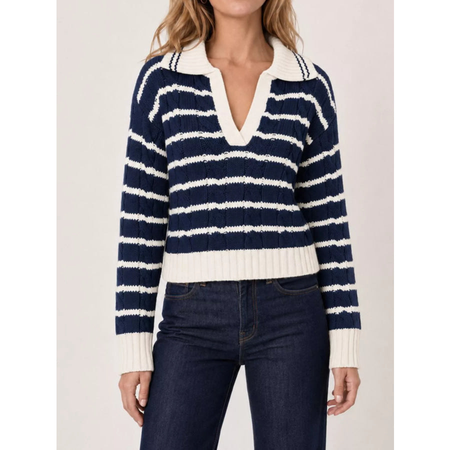Striped Johnny Collar Dropped Shoulder Sweater Blue / S Apparel and Accessories
