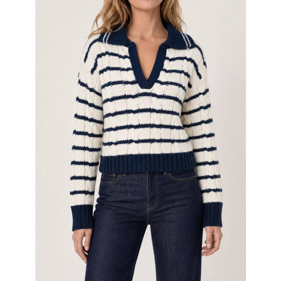 Striped Johnny Collar Dropped Shoulder Sweater White / S Apparel and Accessories