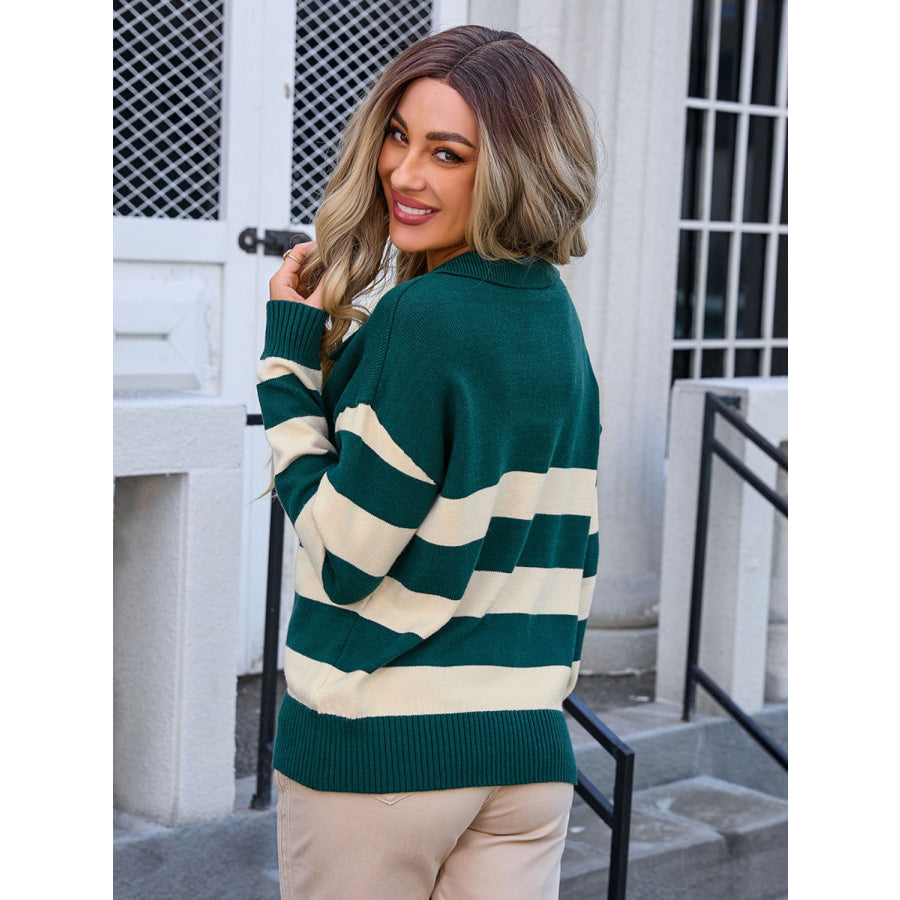 Striped Johnny Collar Knit Top Apparel and Accessories