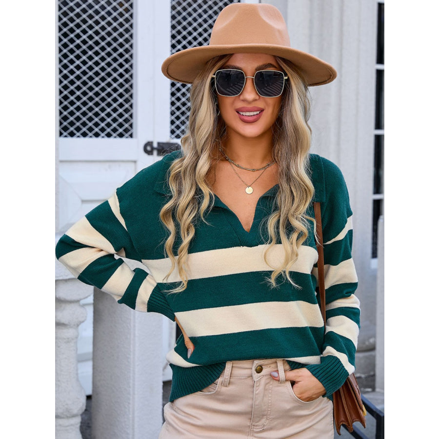 Striped Johnny Collar Knit Top Apparel and Accessories