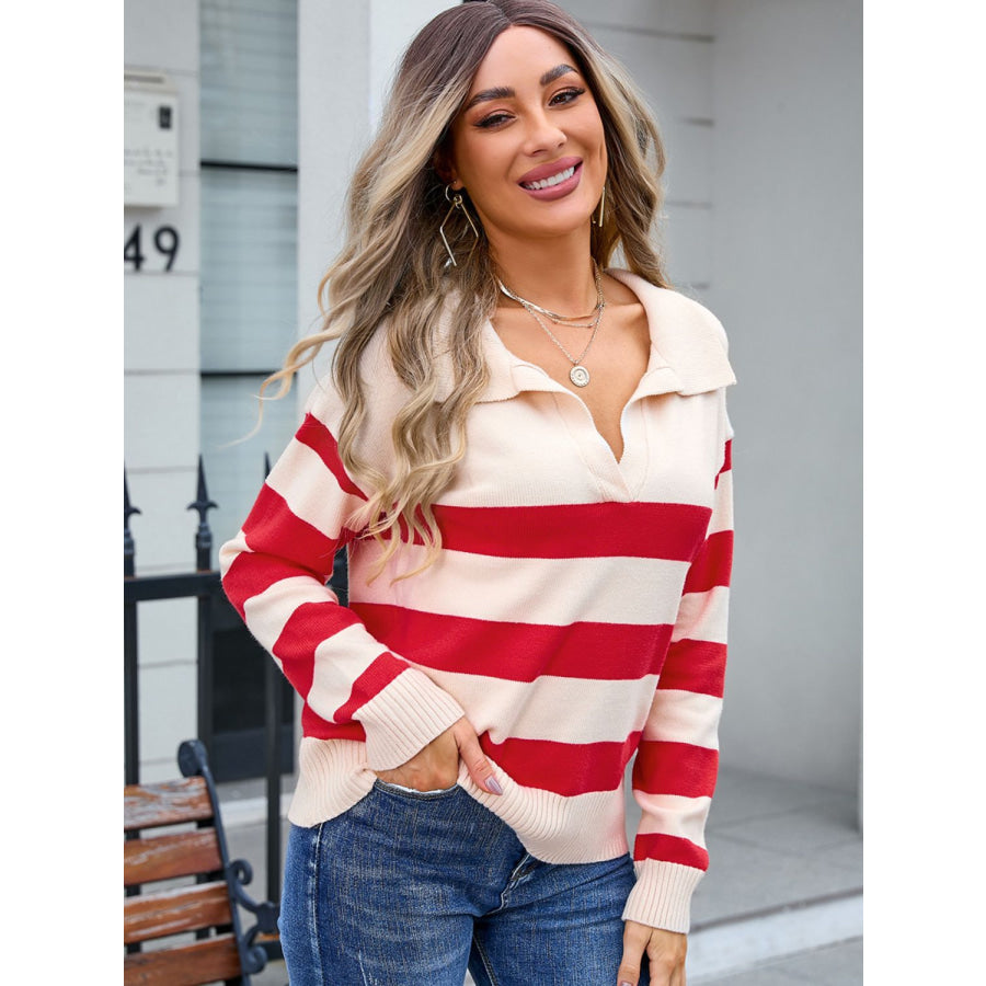 Striped Johnny Collar Knit Top Apparel and Accessories