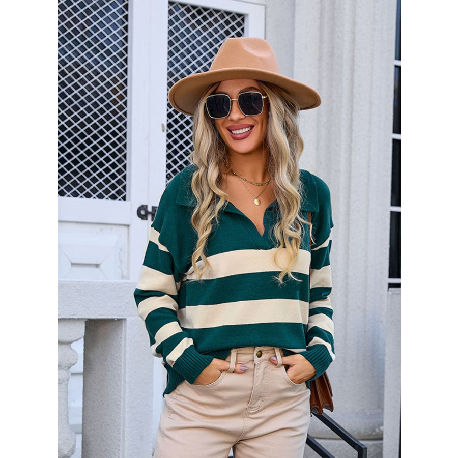 Striped Johnny Collar Knit Top Black Forest / S Apparel and Accessories