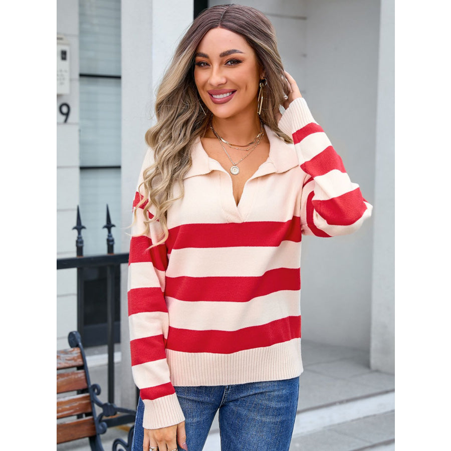 Striped Johnny Collar Knit Top Deep Red / S Apparel and Accessories