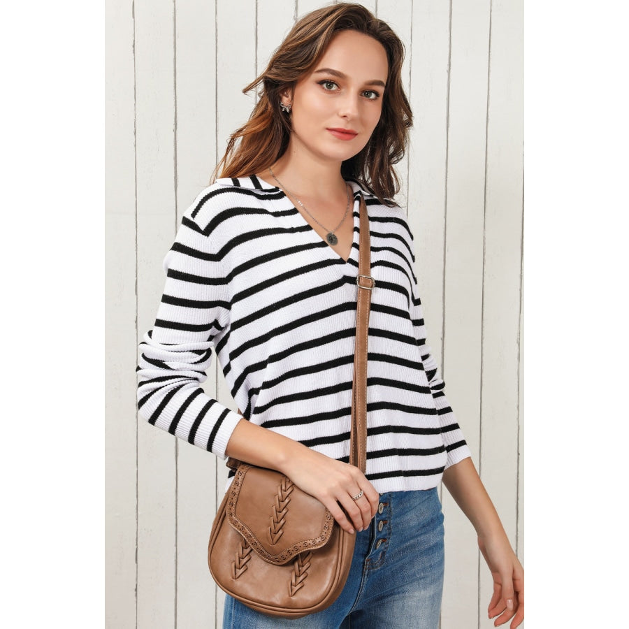 Striped Johnny Collar Long Sleeve Knit Top