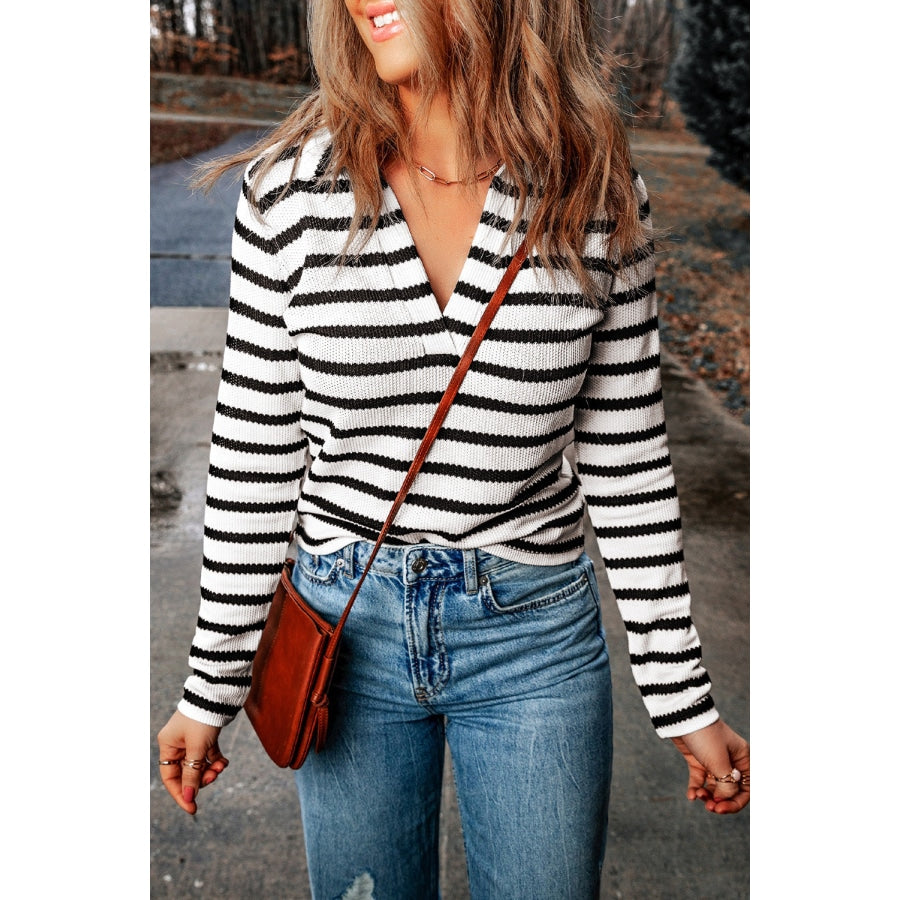 Striped Johnny Collar Long Sleeve Knit Top