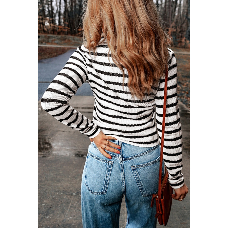 Striped Johnny Collar Long Sleeve Knit Top