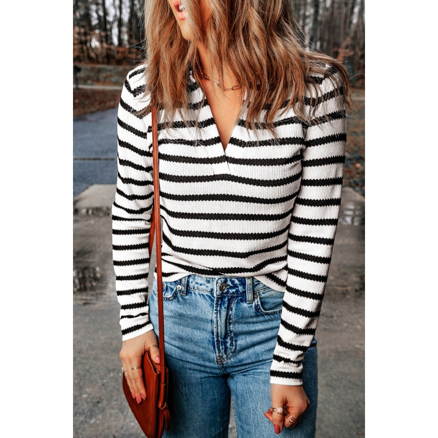 Striped Johnny Collar Long Sleeve Knit Top