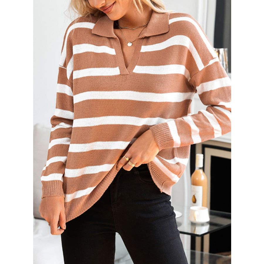 Striped Johnny Collar Long Sleeve Sweater Apparel and Accessories