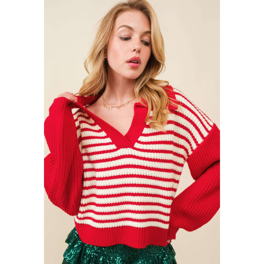 Striped Johnny Collar Long Sleeve Sweater Apparel and Accessories