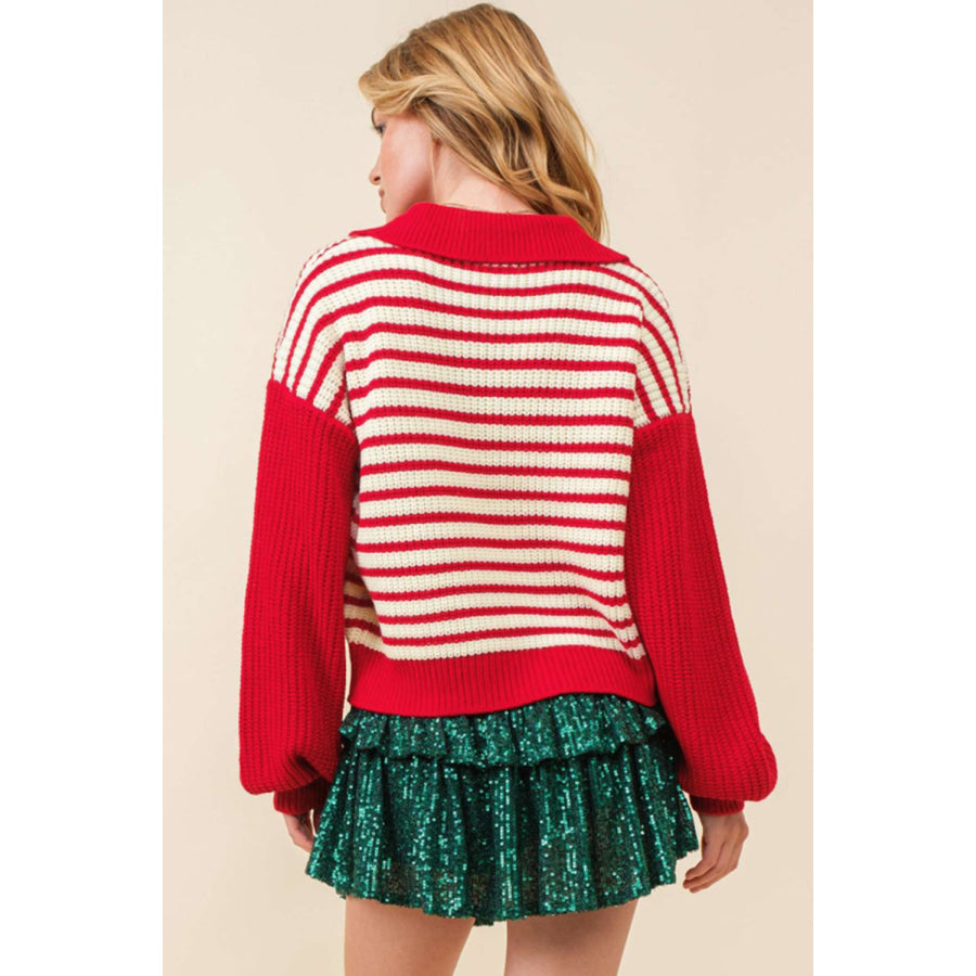 Striped Johnny Collar Long Sleeve Sweater Apparel and Accessories