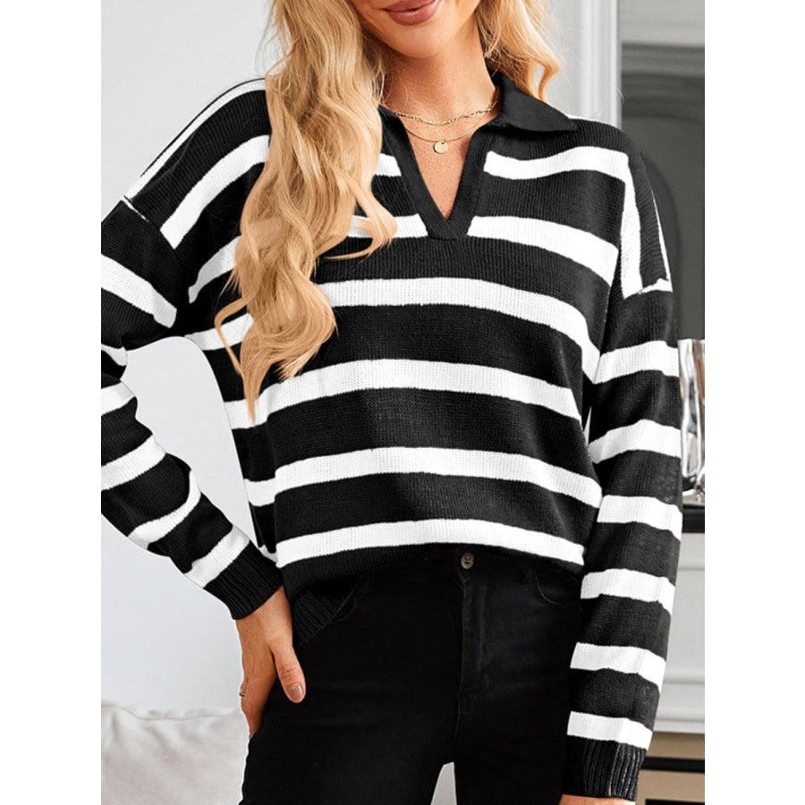 Striped Johnny Collar Long Sleeve Sweater Apparel and Accessories