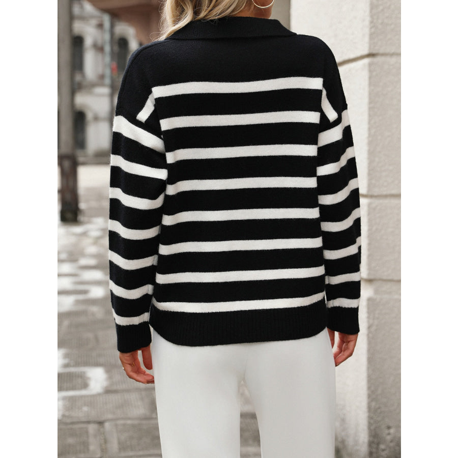 Striped Johnny Collar Long Sleeve Sweater Apparel and Accessories