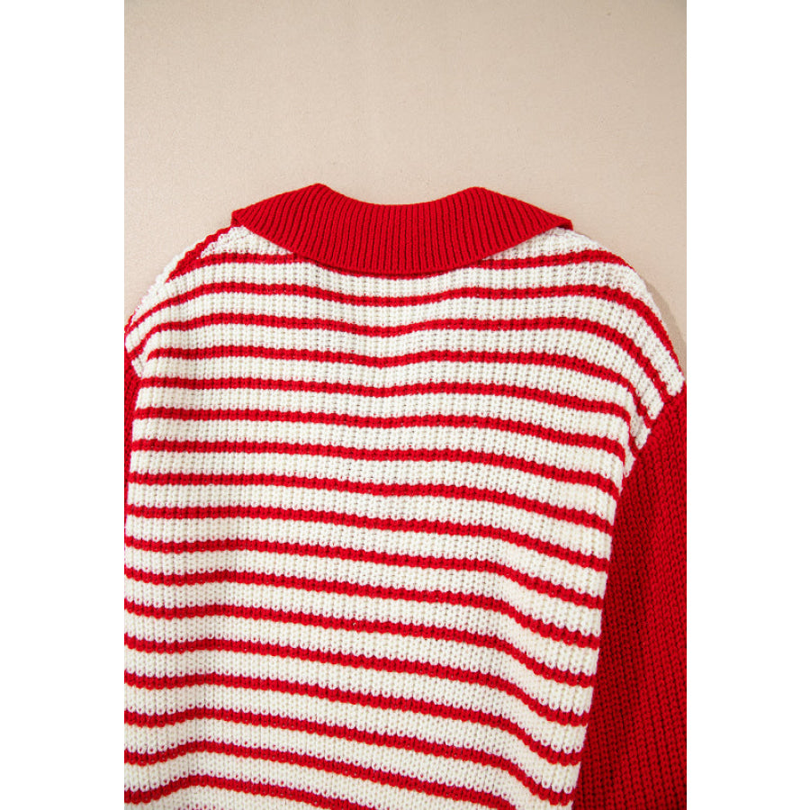 Striped Johnny Collar Long Sleeve Sweater Apparel and Accessories