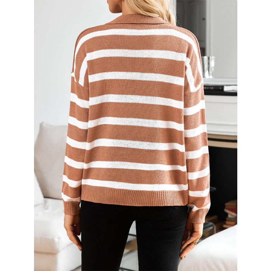 Striped Johnny Collar Long Sleeve Sweater Apparel and Accessories