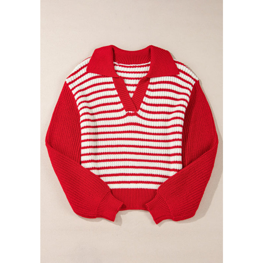 Striped Johnny Collar Long Sleeve Sweater Apparel and Accessories