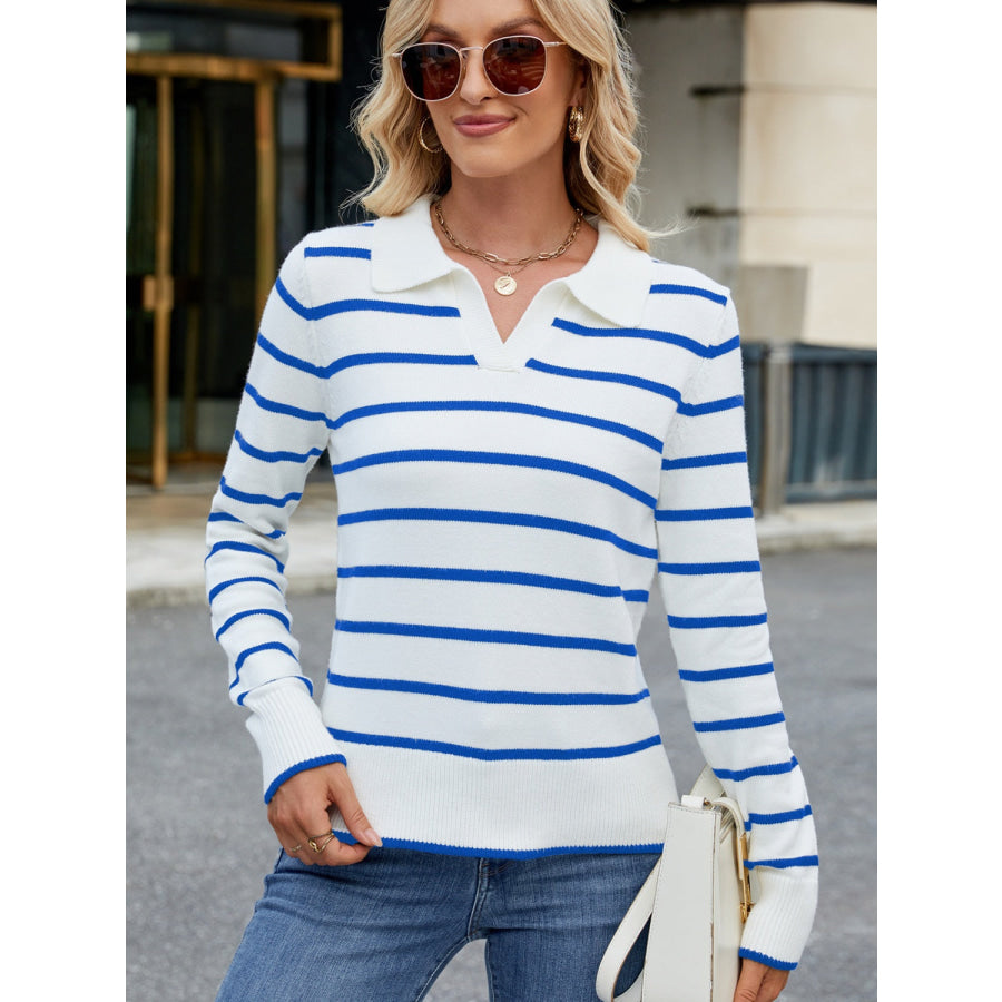 Striped Johnny Collar Long Sleeve Sweater Apparel and Accessories