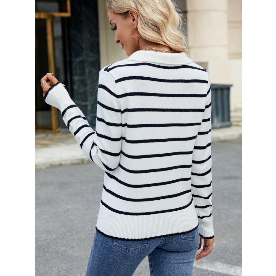 Striped Johnny Collar Long Sleeve Sweater Apparel and Accessories