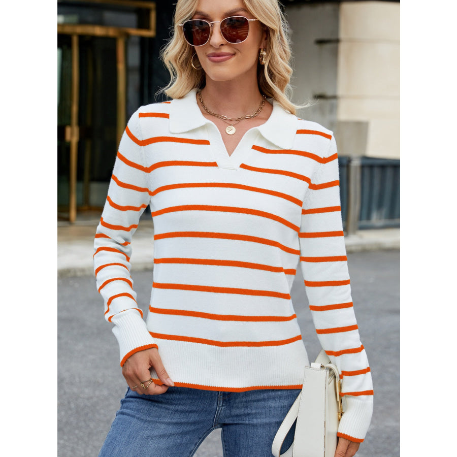 Striped Johnny Collar Long Sleeve Sweater Apparel and Accessories