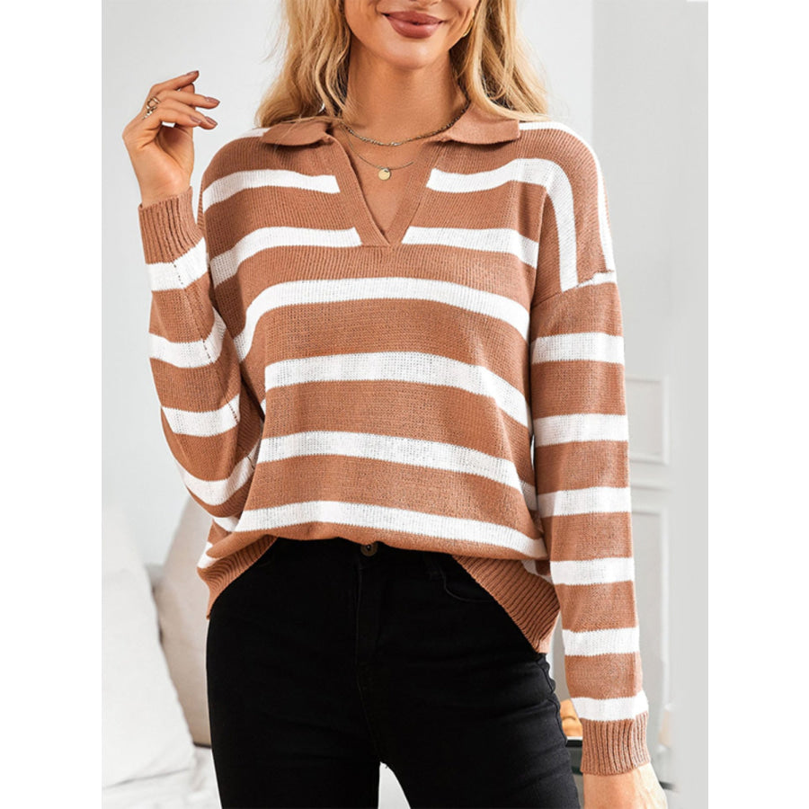 Striped Johnny Collar Long Sleeve Sweater Caramel / S Apparel and Accessories