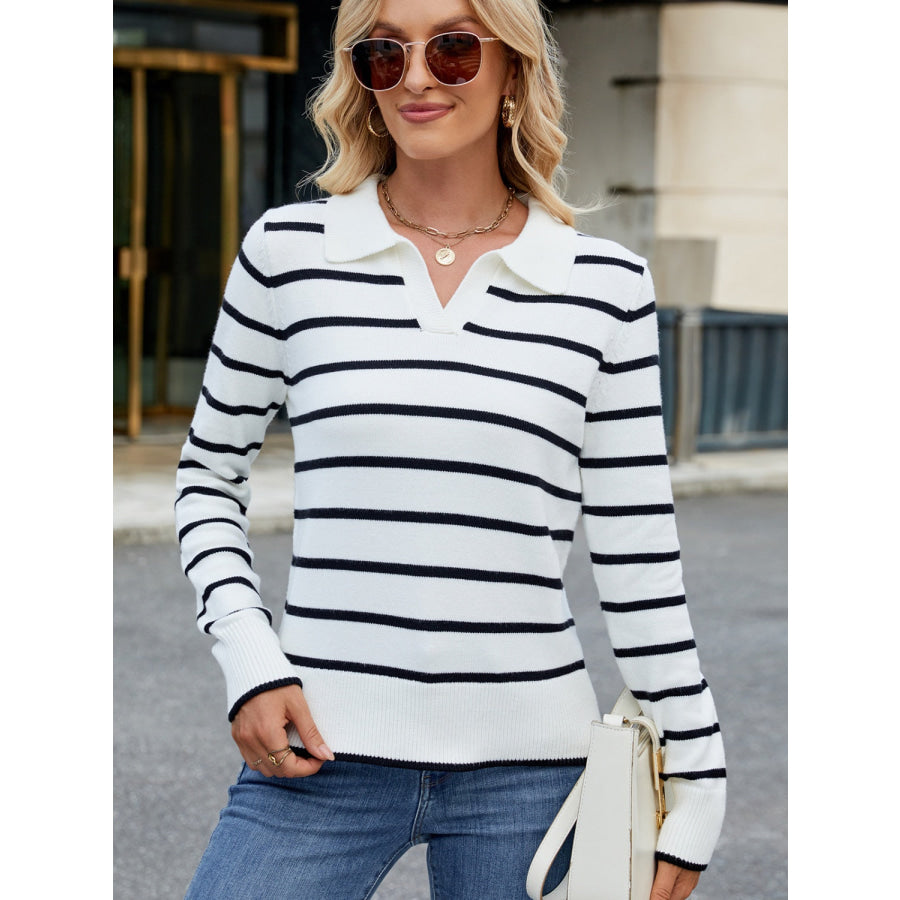Striped Johnny Collar Long Sleeve Sweater Apparel and Accessories