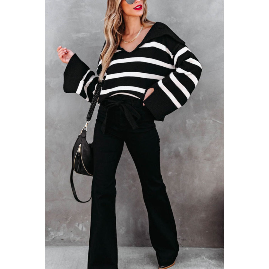 Striped Johnny Collar Long Sleeve Sweater Apparel and Accessories