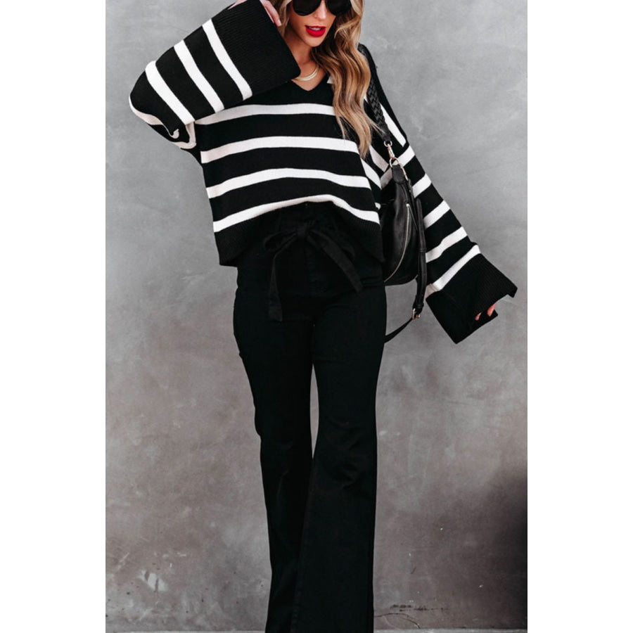 Striped Johnny Collar Long Sleeve Sweater Apparel and Accessories