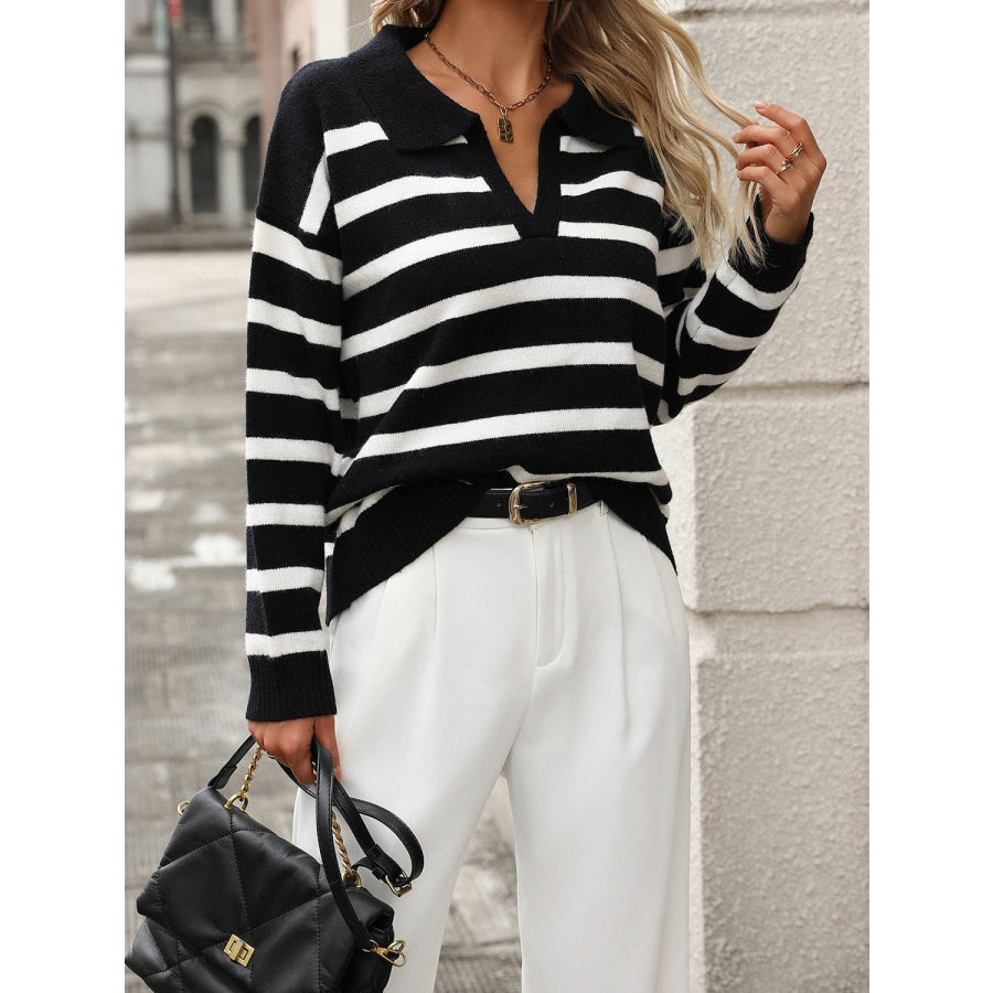 Striped Johnny Collar Long Sleeve Sweater Apparel and Accessories