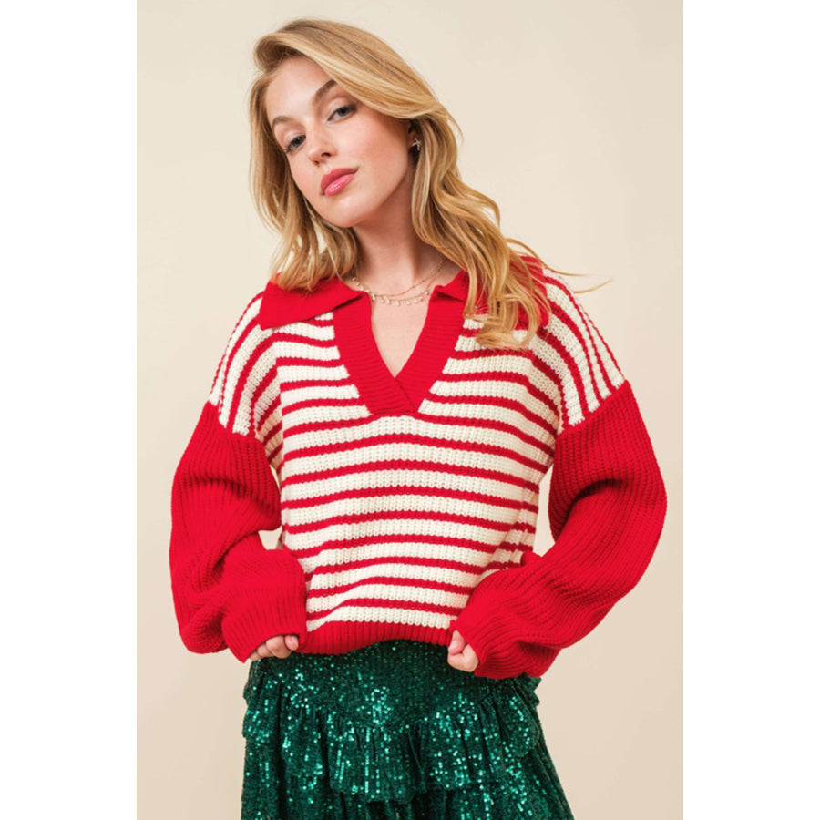 Striped Johnny Collar Long Sleeve Sweater Apparel and Accessories